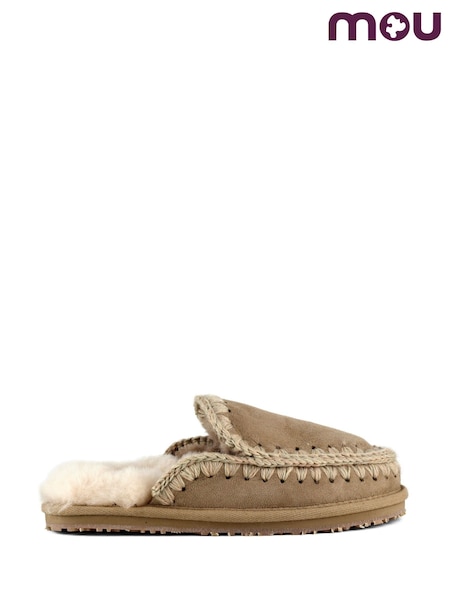 Mou Nude Suede Full Eskimo Sheepskin Lined Stitch Mule Slippers (W81252) | £89
