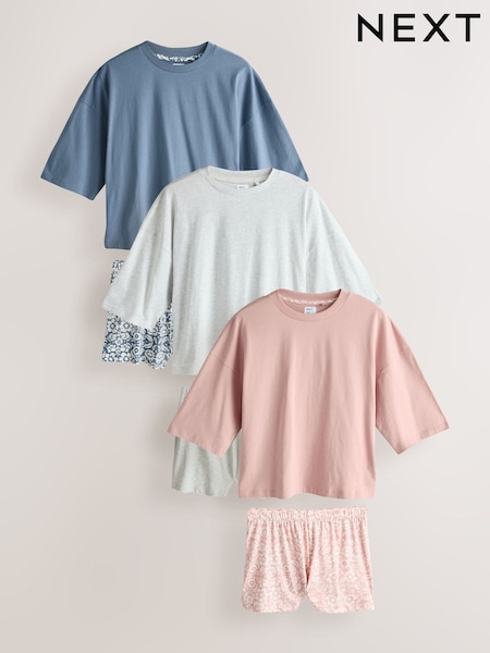 Blue/Grey/Pink Floral Short Set Pyjamas 3 Pack (W81309) | £40
