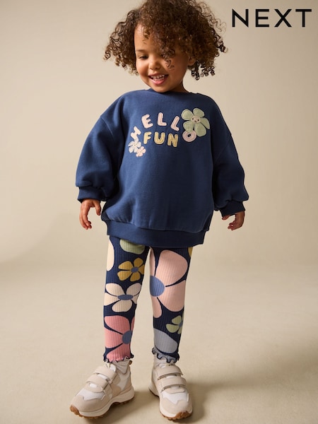 Navy Blue Flower Sweatshirt and Leggings Set (3mths-7yrs) (W81890) | £14 - £18