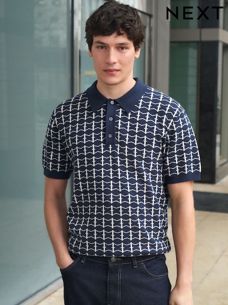 Navy Blue Relaxed Fit Geo Pattern Short Sleeve Knitted Polo Shirt (W82123) | £32