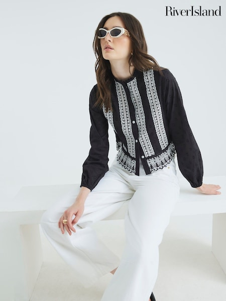 River Island Black Broderie Trim Blouse (W82299) | £39