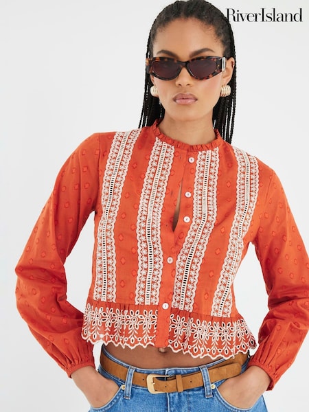 River Island Orange Broderie Trim Blouse (W82304) | £39