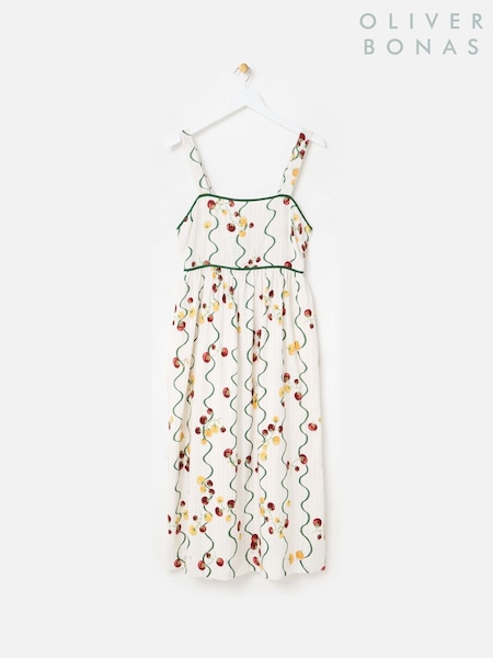 Oliver Bonas White Striped Tomato Print Strappy Midi Dress (W82324) | £78