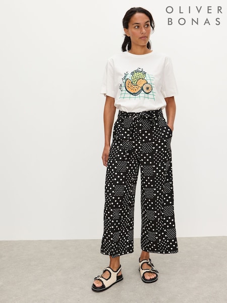 Oliver Bonas Black Spot Print Wide Leg Culotte Trousers (W82331) | £68