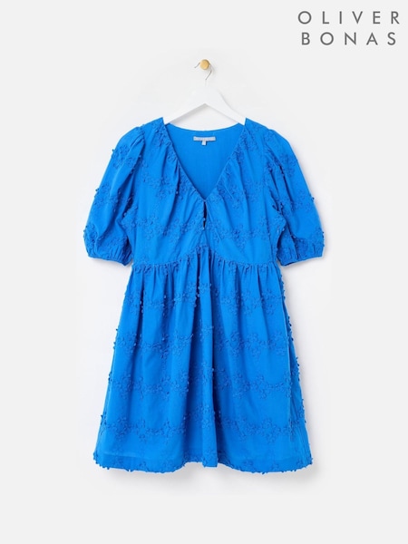 Oliver Bonas Blue Cobalt 3D Floral Print Broderie Puff Sleeve Mini Dress (W82350) | £80