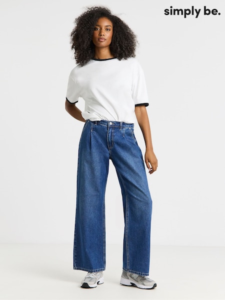 Simply Be Blue Pleat Detail Wide Leg Jeans (W82484) | £36