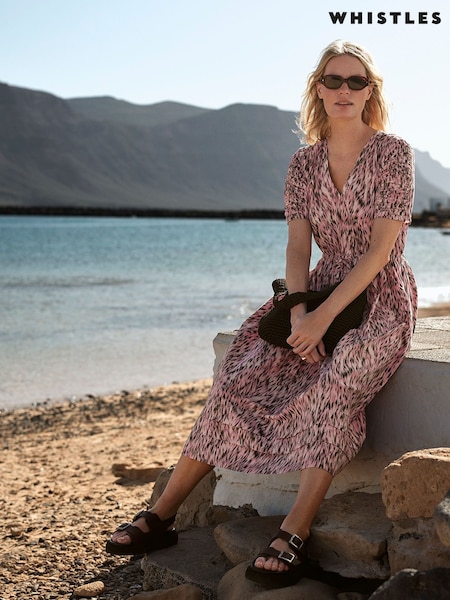 Whistles Pink Leopard Print Cotton Midi Dress (W82645) | £159