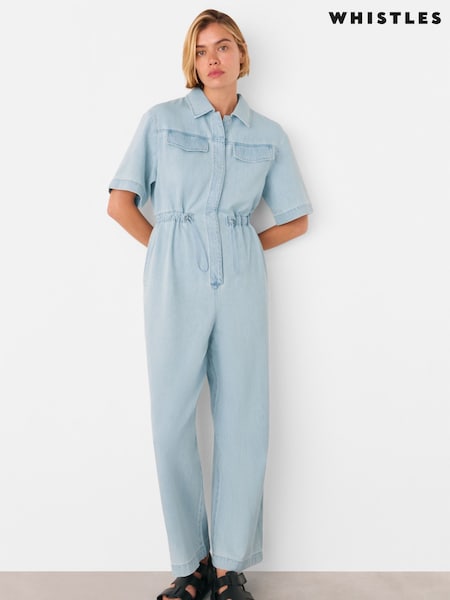 Whistles Blue Short Sleeve Utility Jumpsuit (W82650) | £169