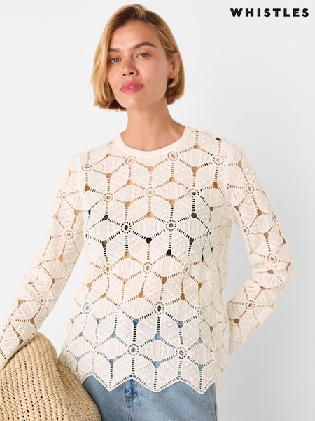 Whistles White Crochet Long Sleeve Knit Jumper (W82651) | £129