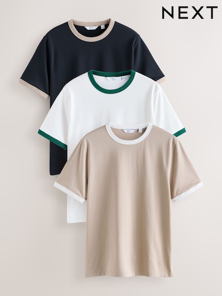 Navy/White/Neutral Stone 3 Pack Ringer T-Shirts (W82670) | £45