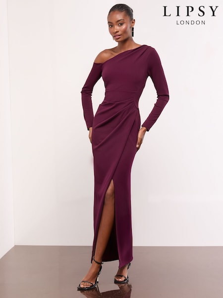 Lipsy Burgundy Red Petite Long Sleeve Off The Shoulder Gathered Waist Maxi Dress (W82748) | £79