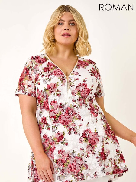 Roman Red Curve Floral Print Lace Zip Front Blouse (W83082) | £42