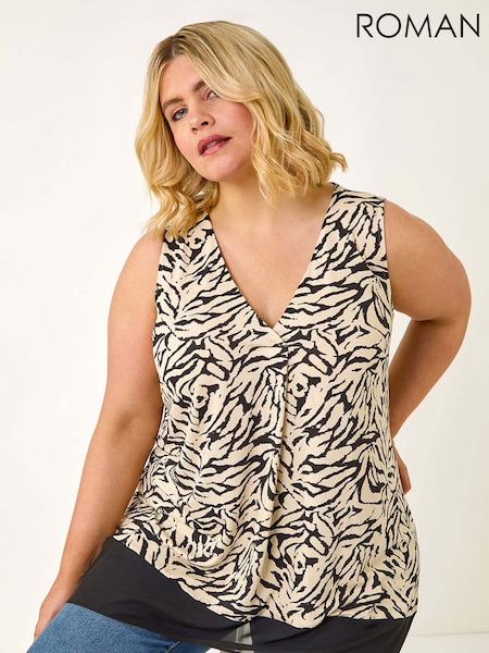Roman Black Curve Animal Print Chiffon Hem Vest Top (W83090) | £42