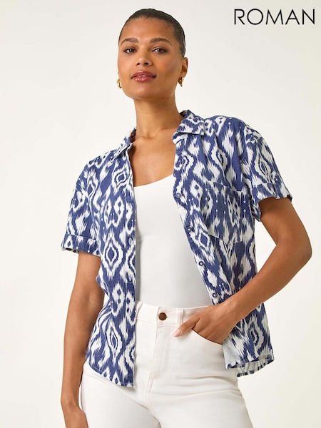 Roman Blue Ikat Print Linen Mix Blouse (W83162) | £40