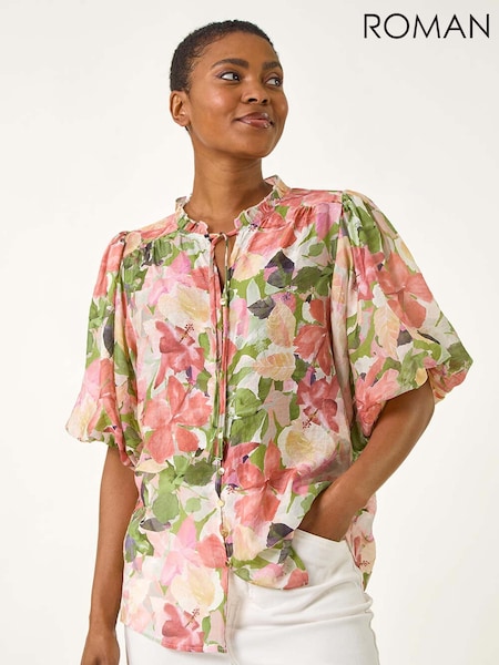 Roman Pink Floral Print Gathered Blouse (W83164) | £42