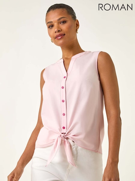 Roman Pink Contrast V-Neck Tie Front Blouse (W83170) | £36