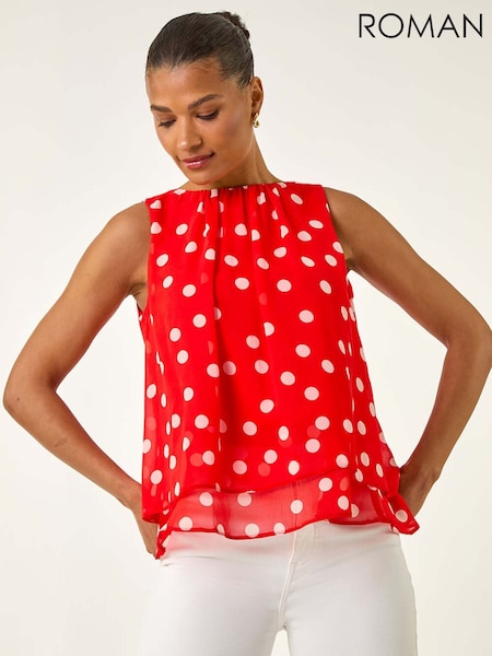 Roman Red Spot Print Double Layered Pleated Blouse (W83171) | £40