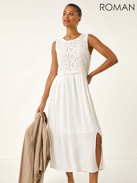 Roman White Crochet Bodice Midi Dress (W83182) | £55