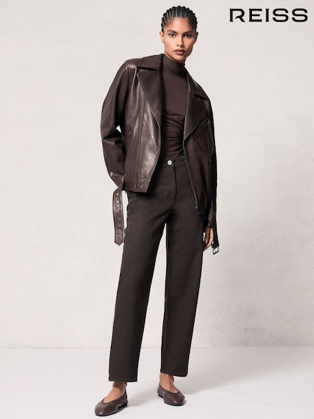 Reiss Chocolate Brown Clint Leather Biker Jacket (W83344) | £450