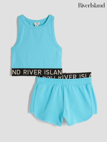 River Island Blue Girls Glitter RI Waistband Tank Top Set (W83514) | £20