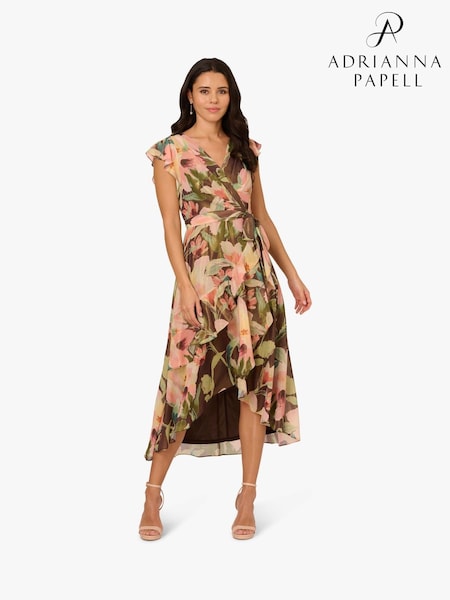Adrianna Papell Floral Print Hi Low Midi Brown Dress (W83542) | £199