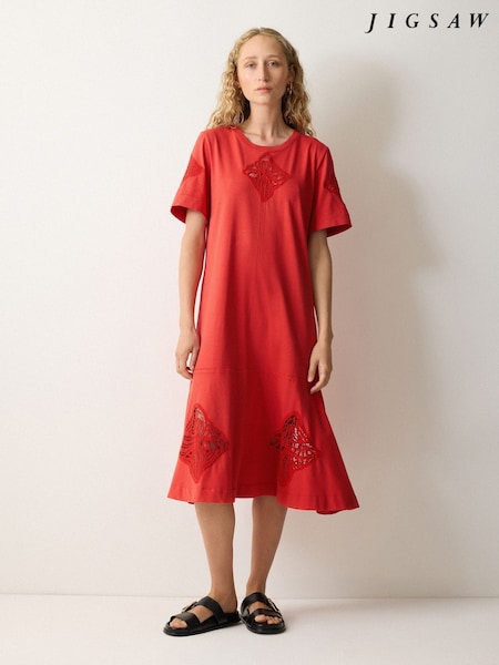 Jigsaw Red Embroidered Midi T-Shirt Dress (W83642) | £165