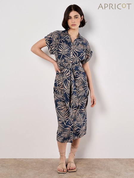 Apricot Blue Palm Leaf Tie Front Shirt Dress (W83658) | £46