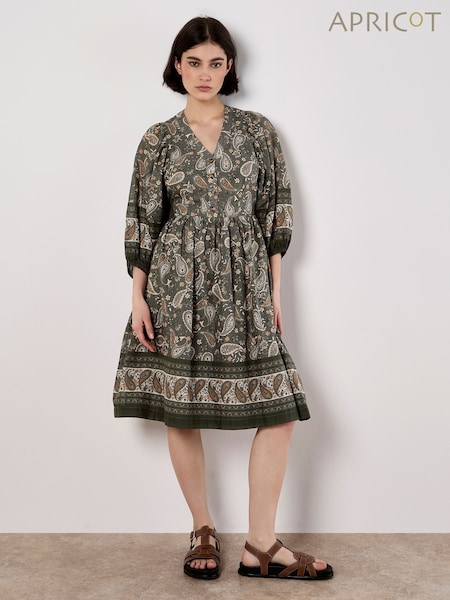 Apricot Green Paisley Border Puff Sleeve Dress (W83669) | £46
