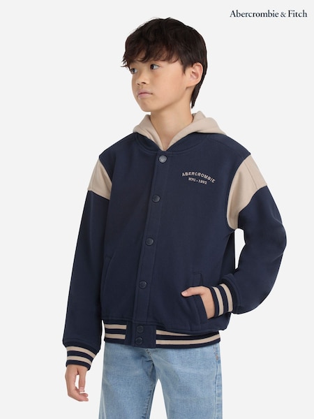 Abercrombie & Fitch Blue Fleece Hooded Varisty Bomber Jacket With Back Print Logo (W83764) | £65
