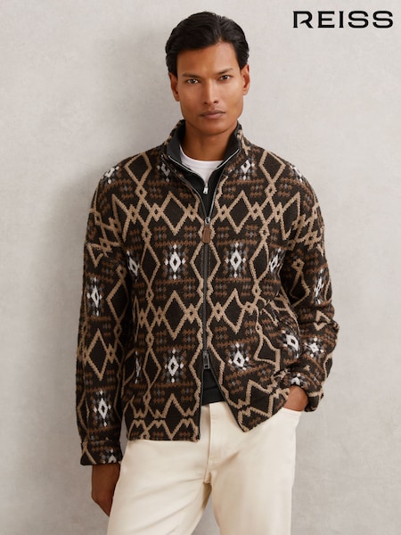 Reiss Brown Multi Tuft Geometric Fair Isle Zip-Through Jumper with Wool (W84001) | £178