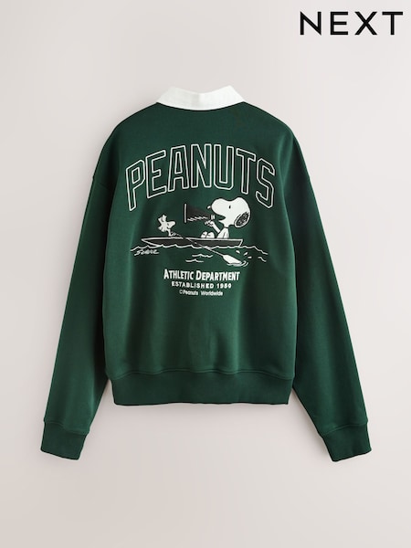 Dark Green - Regular Snoopy Graphic Rugby Polo Sweatshirt