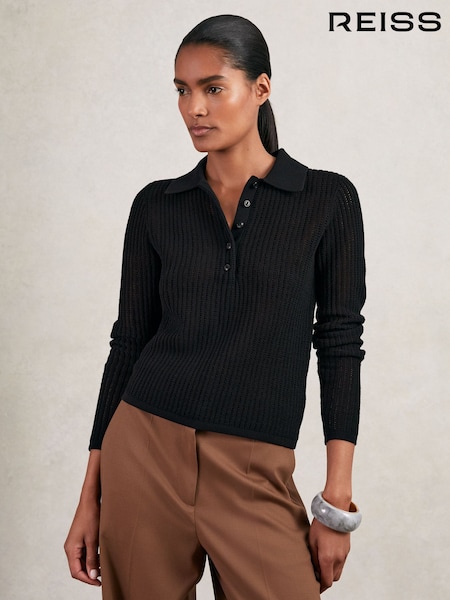 Reiss Black India Open-Knit Long-Sleeve Polo Top (W84228) | £120