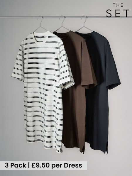 The Set 3 Pack Short Sleeve T-Shirt Dresses Black/Chocolate Brown/Stripe (W84357) | £28.50