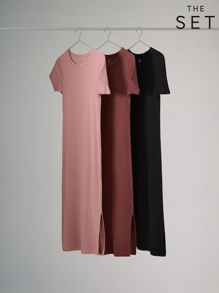 The Set 3 Pack Short Sleeve Ribbed Midi Dresses Black/Mauve Pink/Light Pink (W84363) | £0