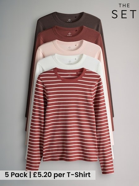 The Set 5 Pack Ribbed Long Sleeve T-Shirts Brown/Pink/White/Stripe (W84365) | £27