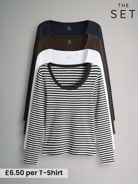 The Set Navy/Light Blue/Stripe/White 4 Pack Scoop Neck Long Sleeve Ribbed T-Shirts (W84386) | £26