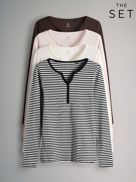 The Set Berry/Stripe/Pink/White 4 Pack Ribbed Henley Long Sleeve T-Shirts (W84394) | £30