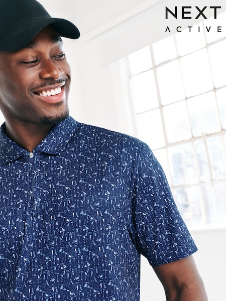 Navy Blue Active Geometric Print Golf Polo Shirt (W84742) | £25