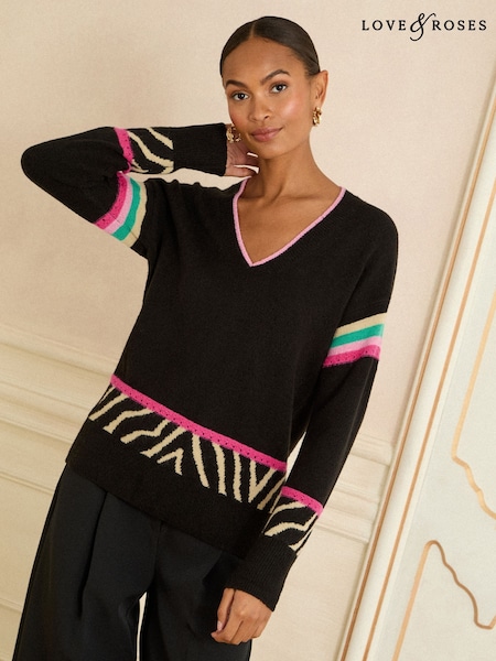 Love & Roses Black Rainbow Animal Stripe Petite Print V-Neck Cosy Knit Jumper (W84842) | £39