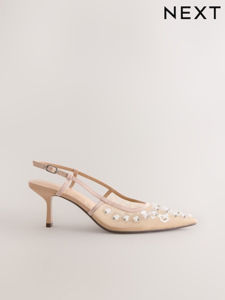 Nude Embellished Forever Comfort® Pointed Mesh Slingback Heels (W85044) | £48