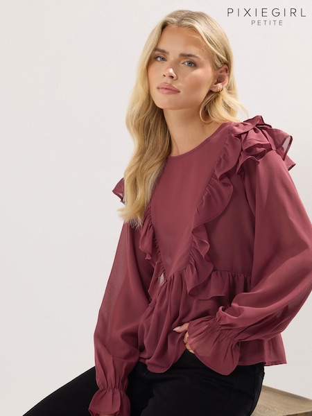 PixieGirl Petite Red Petite Frill Shoulder Long Sleeve Blouse (W85195) | £27