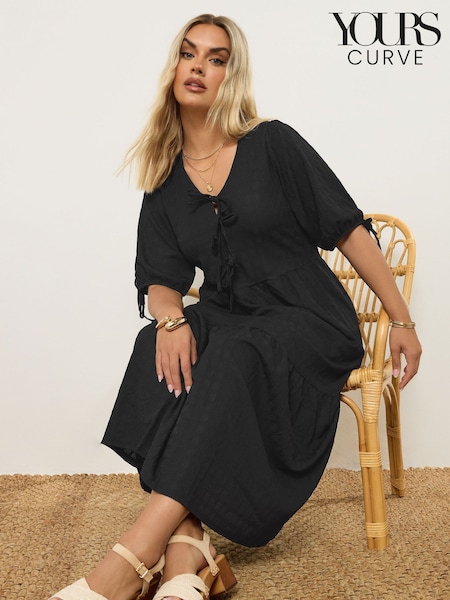 Yours Curve Black Puff Sleeve Bow Dress (W85300) | £0