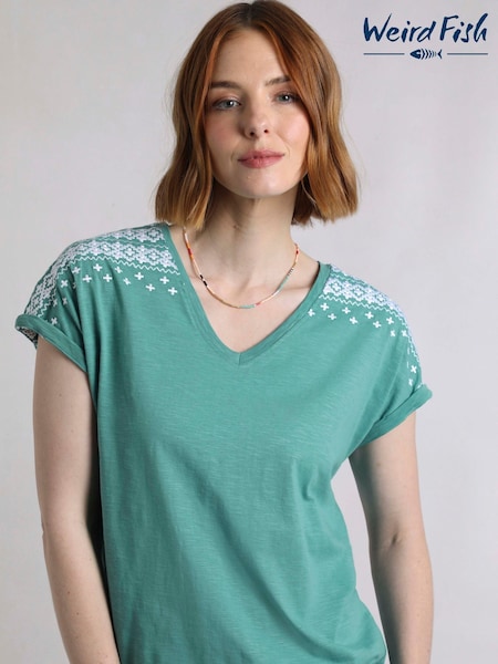 Weird Fish Green Tildare Embroidered Jersey Top (W85576) | £50
