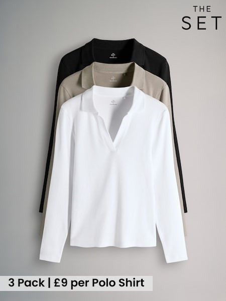 The Set Black/White/Taupe 3 Pack Long Sleeve Ribbed Polo Shirts (W85594) | £27
