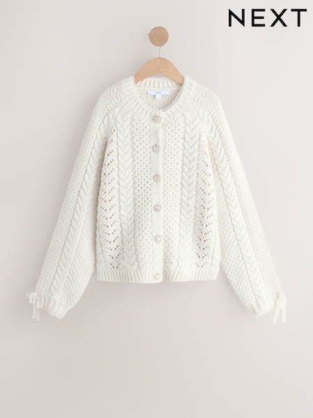 Ecru Cable Knit Lace Trim Cardigan With Heart Buttons (W86430) | £52