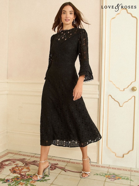 Love & Roses Black Lace Flute Sleeve Midi Dress (W86478) | £148