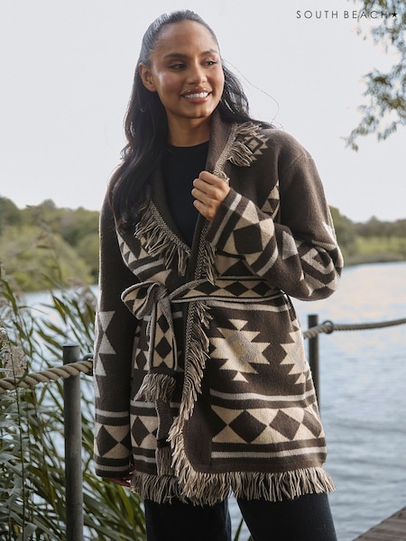 South Beach Brown Jacquard Wasit Tie Knitted Fringe Cardigan (W87001) | £70