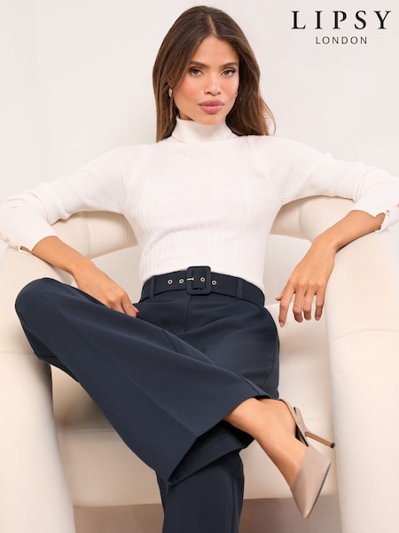 Lipsy Navy Blue Petite Belted Tailored Wide Leg Trousers (W87072) | £48