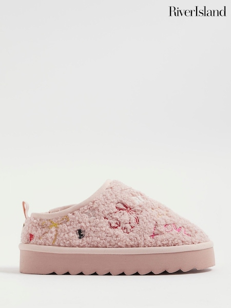 River Island Pink Girls Doodle Borg Slippers (W87306) | £18