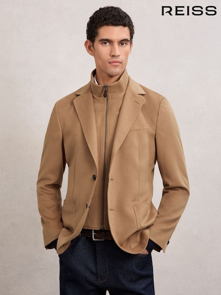 Reiss Camel Brown Patch Single-Breasted Blazer With Gilet Insert Tailored-Fit (W87332) | £330